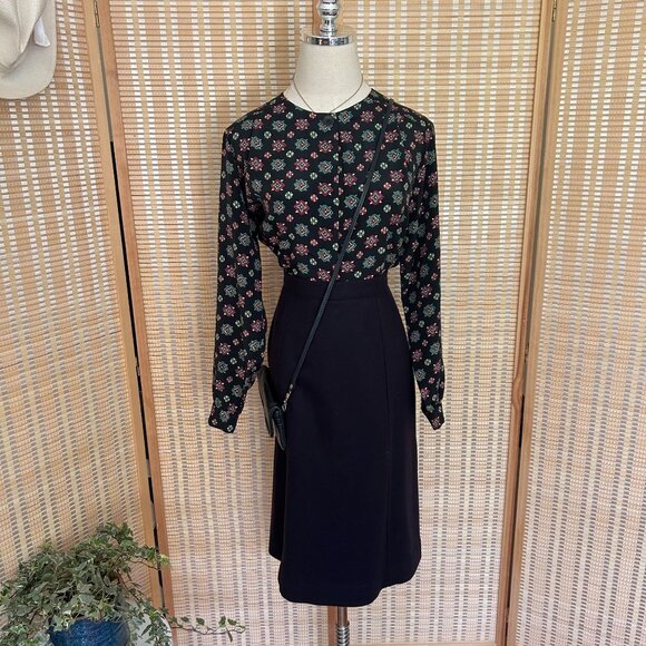 Vintage Navy Floral Button-Up Long Sleeve Blouse - Picture 2 of 9